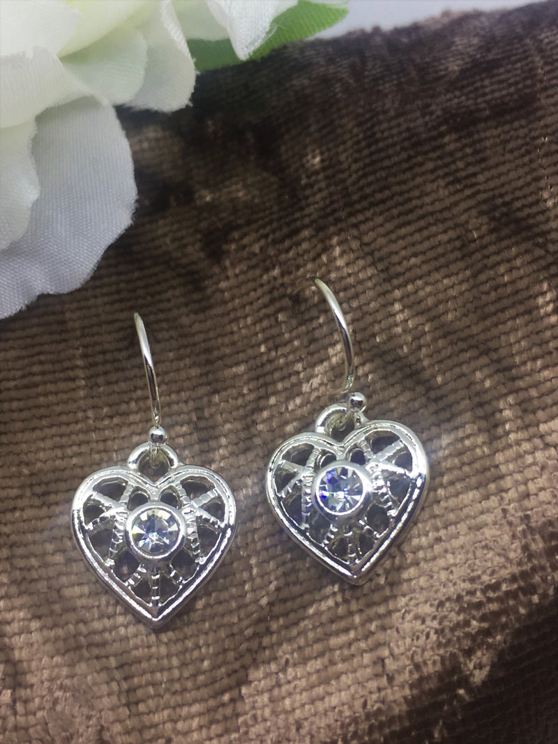 Earsense silver drop filigree heart earrings