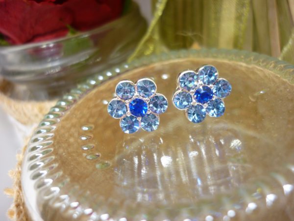 Earsense silver flower stud earrings with blue crystal