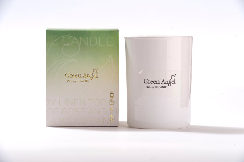 Green angel white linen candle 250g