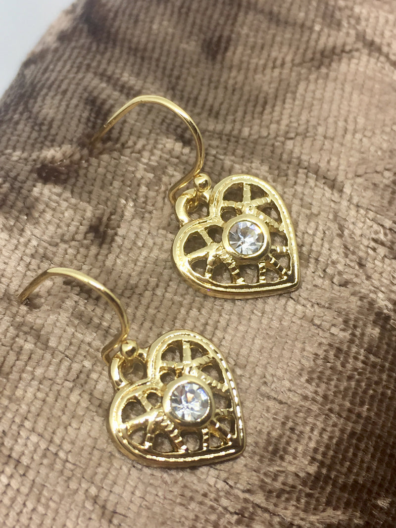 Earsense Gold Filigree Heart Earrings with Crystal Insert